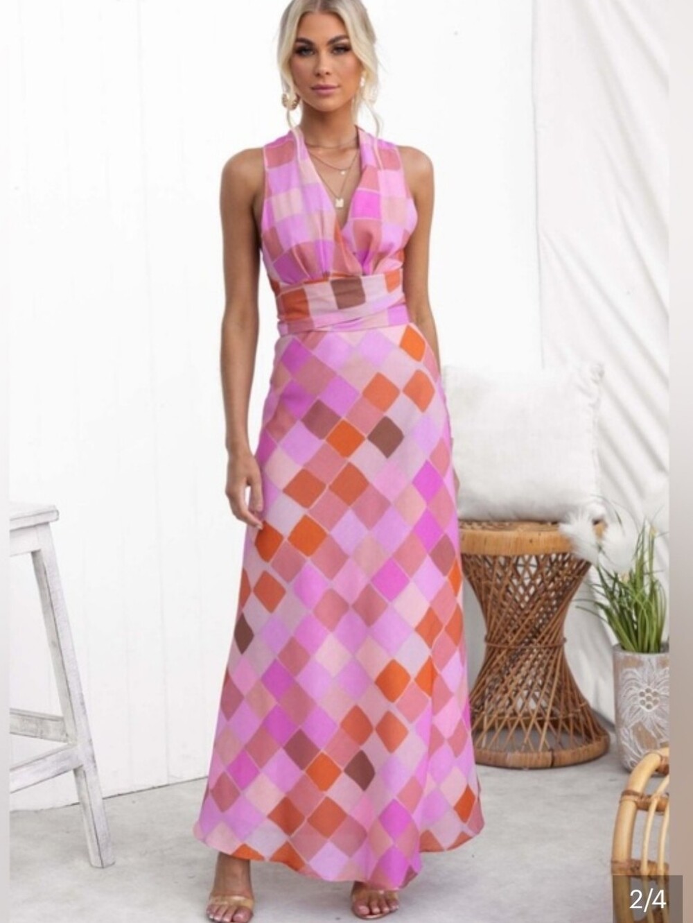NWOT Selfie Leslie Pink Orange Geometric Diamond Maxi Dress Tie Halter Small 70s - Picture 4 of 6